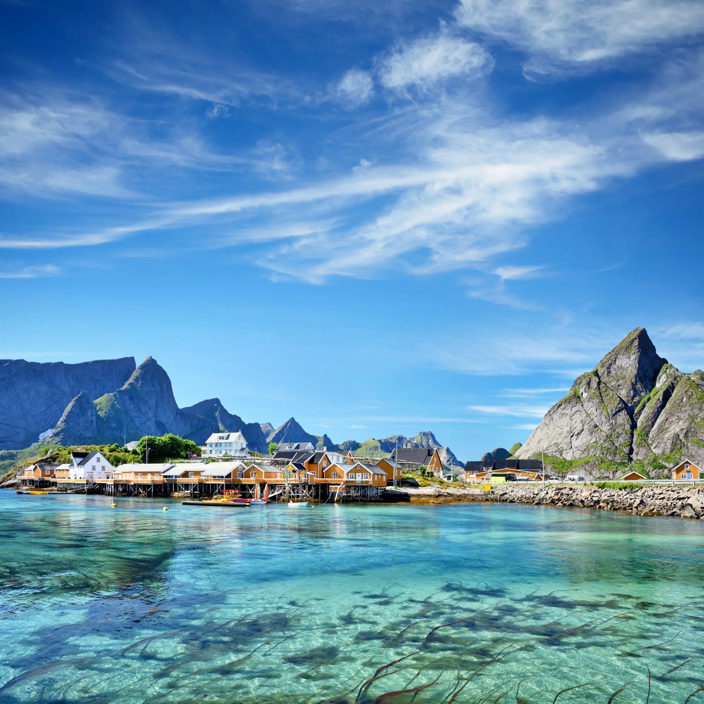 Sakrisøy, Lofoten. Turquoise water and yellow fishermen cabibs