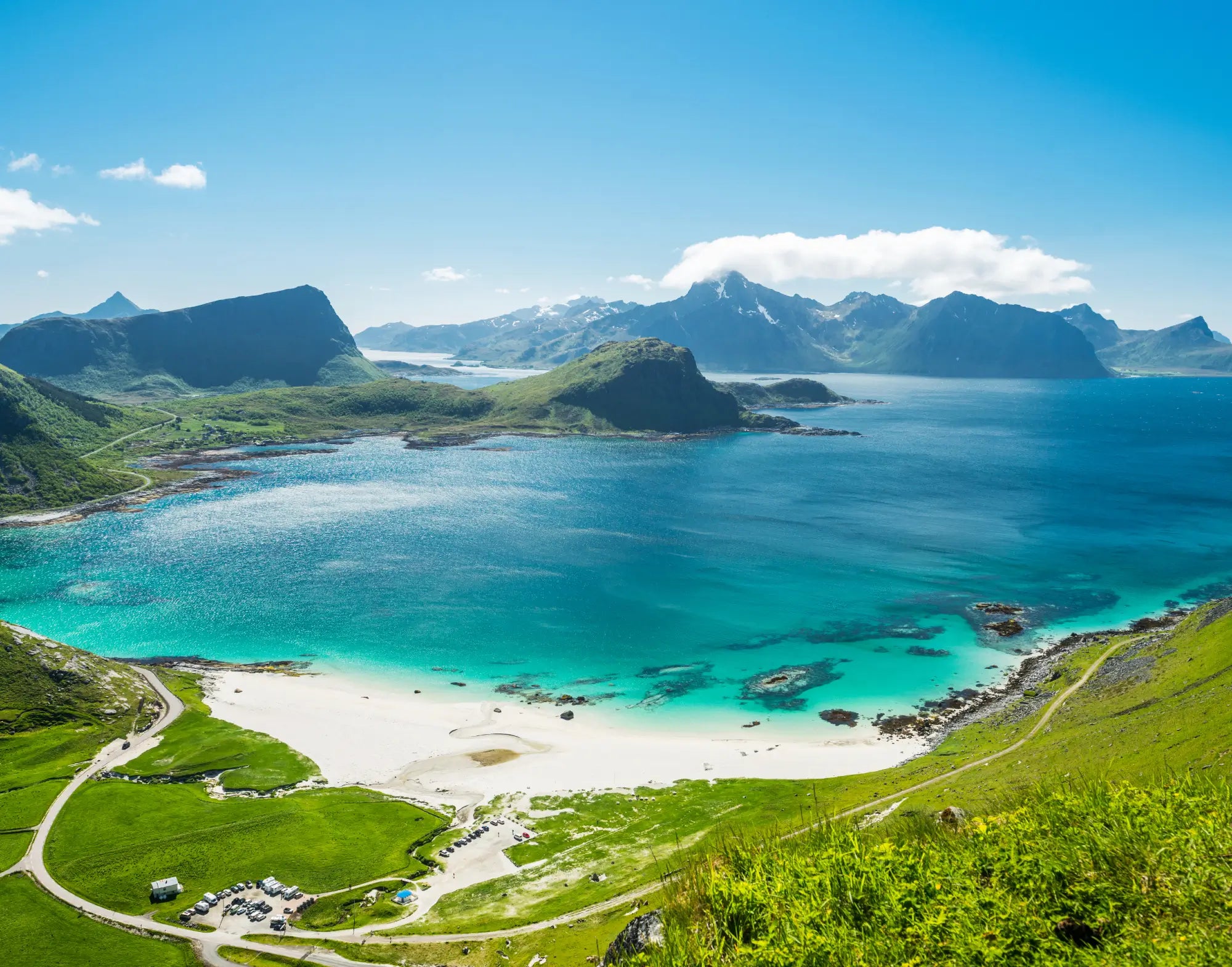 Haukland beach in Lofoten, Norway. The white sandy beach has beautiful turquoise water, and is surrounded by mountain peaks. It’s a summer day, the mountains are covered in green grass, sun is shining from a clear blue sky. 