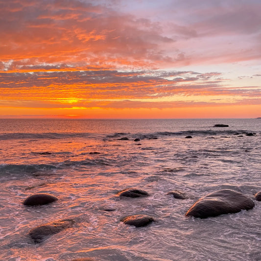 Midnight sun at Uttakleiv beach in Lofoten Islands. The sky is pink, yellow and orange